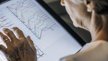 A closeup of a seniors face deep in concentration as they swipe through an interactive holographic screen filled with detailed epigenetic diagrams and annotations showcasing