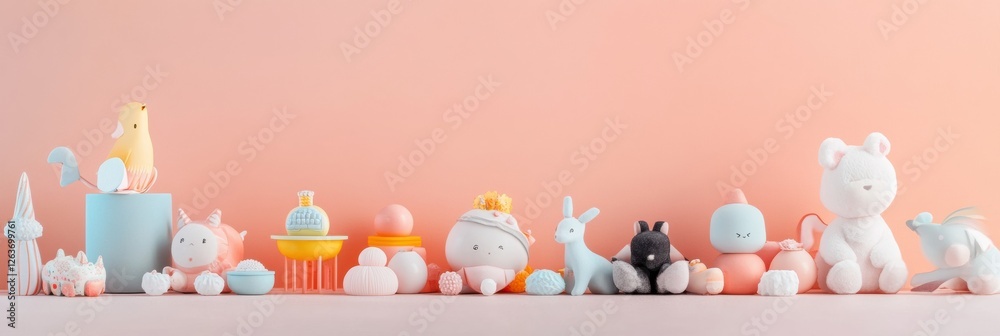 Poster cute pastel plush toys arranged creatively on a soft surface against a light peach background for ae