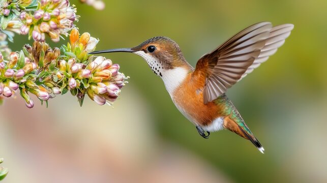 Close up of a hummingbird hovering near a flower, wings frozen mid motion, vibrant colors and delicate details, nature in motion