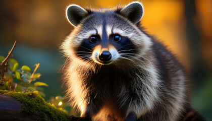 A captivating close-up portrait of a raccoon, its expressive face illuminated by warm light against a blurred natural background.