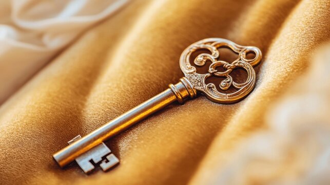 Close up of an ancient key resting on a velvet cushion, golden intricate details, mystery and hidden stories