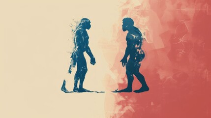 Naklejka premium Artistic portrayal of evolution featuring textured silhouettes of early humans against vibrant red and cream background, symbolizing change and progression. AI generated.