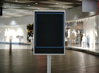 Blank advertising board in shopping mall with clothing store windows behind, empty marketing space in modern retail environment.
