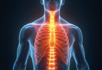 3D medical illustration of human ribcage and spine with highlighted thoracic region
