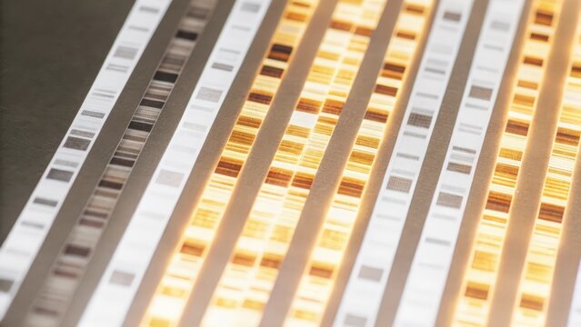 A luminescent representation of human genetic markers with highresolution details of SNPs single nucleotide polymorphisms shimmering in a spectrum of colors.