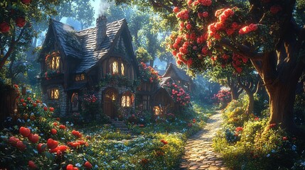 Fototapeta premium Charming cottage surrounded by blooming flowers in enchanting forest fantasy landscape daytime serene atmosphere