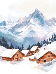 Snow covered mountain village with wooden cabins under a clear sky in winter season. Generative AI