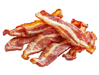 Obraz premium Crispy cooked bacon strips piled high on a transparent background, perfect for breakfast, BLT sandwiches, or adding a savory flavor to any dish Food photography concept