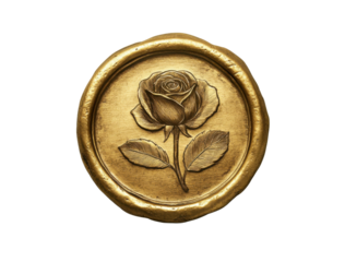 Golden wax seal with rose emblem on transparent background Elegant vintage design element for invitations, certificates, and romantic correspondence