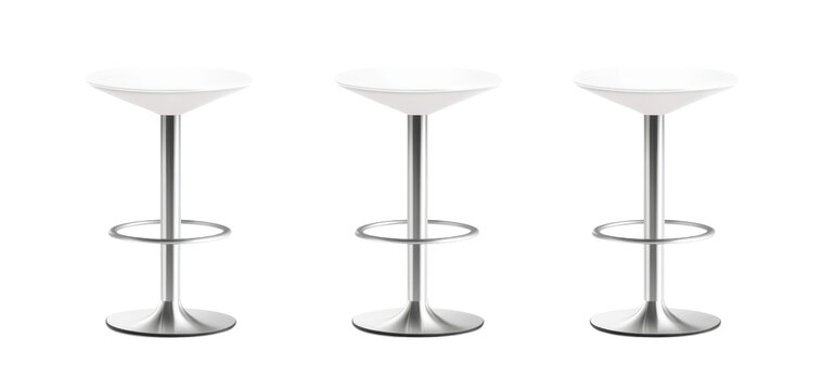 Three modern white bar stools with chrome base on a transparent background, perfect for kitchen interior design and contemporary furniture concepts