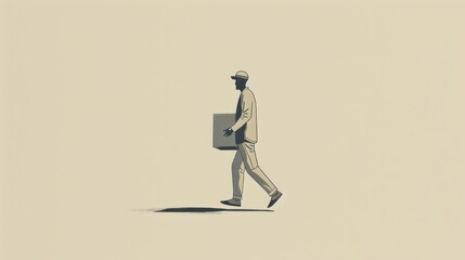 A simple and stylized digital illustration of a delivery worker walking with a package, set against a neutral background, symbolizing logistics, shipping, and modern delivery services. AI generated.