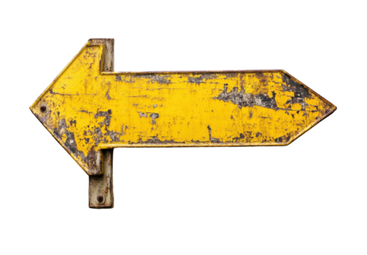 Weathered yellow arrow sign pointing left on transparent background Concept of direction, guidance, grunge, and vintage