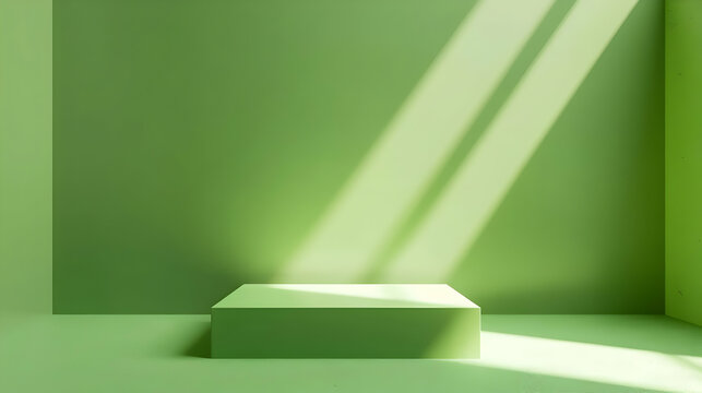 Minimalist green interior with light beams highlighting a central display platform