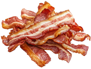 Crispy cooked bacon strips piled high on a transparent background, perfect for breakfast, brunch, or BLT sandwich ingredient Concept of delicious food and indulgence