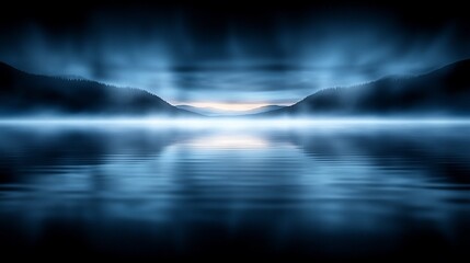 Obraz premium Serene mountain lake at dawn, misty landscape, calm water, background reflections, nature wallpaper