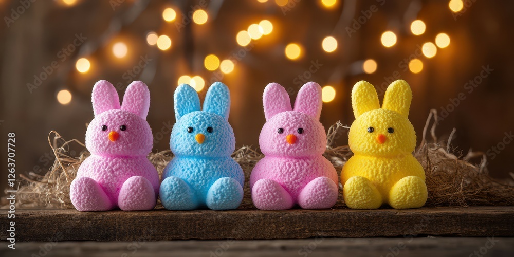 Wall mural colorful bunny figures displayed on a wooden surface with sparkling string lights in the background 