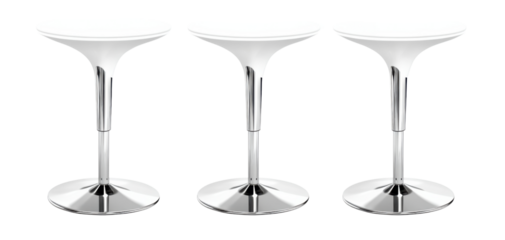 Three modern white bar stools with chrome base on a transparent background for interior design and furniture concepts
