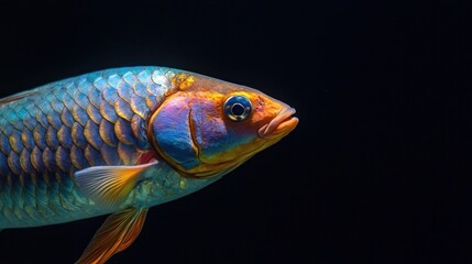 A rainbow parrotfish with a remora fish on a black background Blue rainbowfish Loro guacamayo a Western Atlantic fish from the Scaridae family
