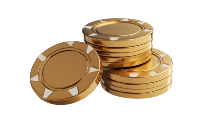 Stack of golden casino chips on a transparent background, representing wealth, gambling, and high stakes Concept of luxury, success, and winning