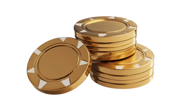 Stack of golden casino chips on a transparent background, representing wealth, gambling, and high stakes Concept of luxury, success, and winning