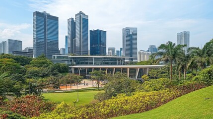 Modern Urban Landscape with Skyscrapers and Lush Green Park Area