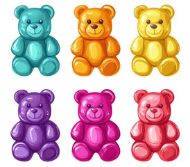 Fototapeta premium Colorful gummy bears assortment, delicious candy bears in blue, orange, yellow, purple, pink, and red on a transparent background Concept of sweets, childhood, and treats