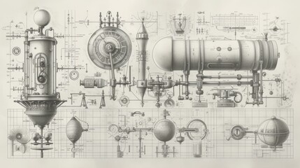 Highly detailed steampunk-style machinery blueprint featuring pipes, gears, and spherical components, evoking a vintage industrial aesthetic. AI generated.