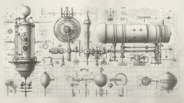 Highly detailed steampunk-style machinery blueprint featuring pipes, gears, and spherical components, evoking a vintage industrial aesthetic. AI generated.