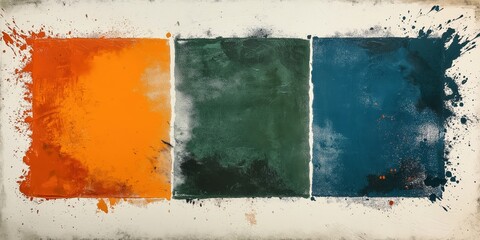 A mesmerizing orange and black abstract painting; its rough texture captivates with vivid contrasts. Black splatters dominate the top half while bold strokes dance within a serene white border, creati