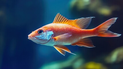 Fototapeta premium A school of red fish swimming in the tropical blue ocean Scuba diving adventure in the Maldives observing underwater wildlife in the Indian Ocean