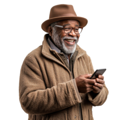 Happy African American senior man using smartphone, wearing brown hat and jacket on transparent background Concept of modern technology, communication, and joyful retirement