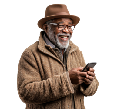 Happy African American senior man using smartphone, wearing brown hat and jacket on transparent background Concept of modern technology, communication, and joyful retirement