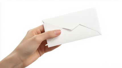 A hand holding a simple white envelope, symbolizing communication and correspondence.