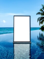 Luxury mockup of a blank canvas floating on an infinity pool with ocean view at sunset