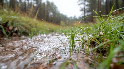 Rainy day stream, forest background, nature scene, tranquil