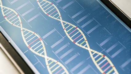 Closeup view of a virtual screen featuring layered holograms of DNA sequences with animated markers indicating mutations and gene variations.