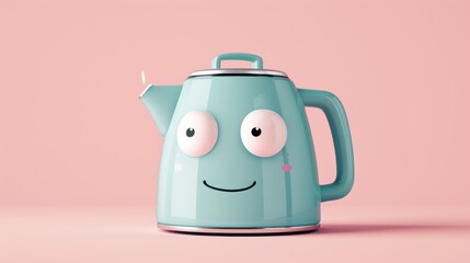 Obraz premium A charming blue kettle with cartoon-like facial features, set against a pastel pink background, exuding a whimsical and playful vibe. AI generated.