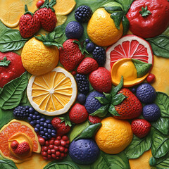 Obraz premium A colorful painting of fruits and vegetables, including oranges, strawberries, and blueberries. The painting is vibrant and lively, with a sense of freshness and abundance