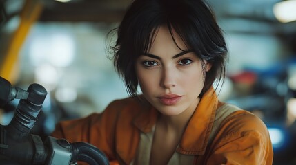 Strong female mechanic working confidently in an industrial workshop