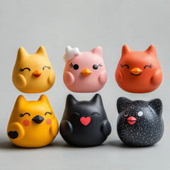 Obraz premium A group of six stuffed animals, including a cat and a bird, are sitting on a grey surface