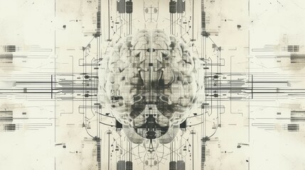 A monochrome depiction of a brain merged with abstract mechanical overlays, evoking themes of technology and neuroscience. Futuristic and thought-provoking. AI generated.