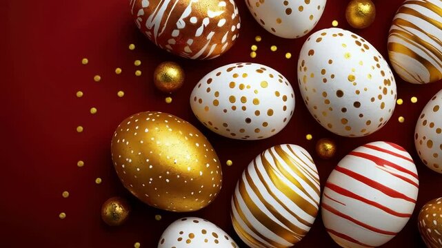 Vibrant movement of festive golden and white patterned easter eggs on red background