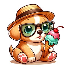 Naklejka premium Puppy with glasses and hat holding ice cream, print