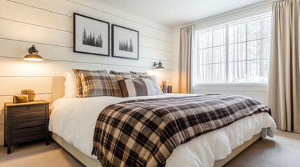Obraz premium A contemporary bedroom interior with white and wooden walls, a carpeted floor, a comfortable king-size bed dressed in a brown plaid blanket