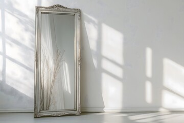 A nice looking living room with an antique mirror standing up against the white colored wall