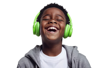 Joyful African American boy with green headphones laughing on transparent background Concept of music, happiness, childhood, and technology