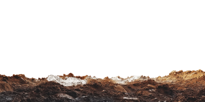 Muddy ground with snow on a transparent background, showcasing texture and terrain for construction or environmental design