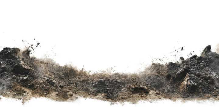 Dramatic explosion of dark soil and dust cloud on transparent background Concept of destruction, disaster, and environmental impact