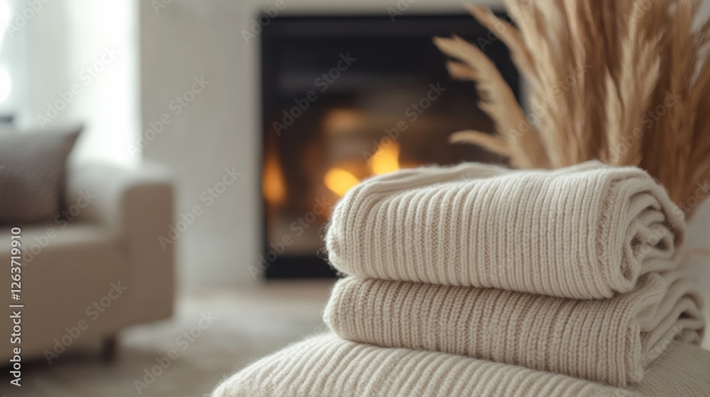 Poster cozy living room with neatly folded towels and a warm fireplace in the background during a relaxing 