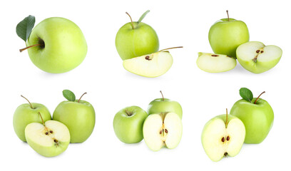 Fresh green apples isolated on white, set